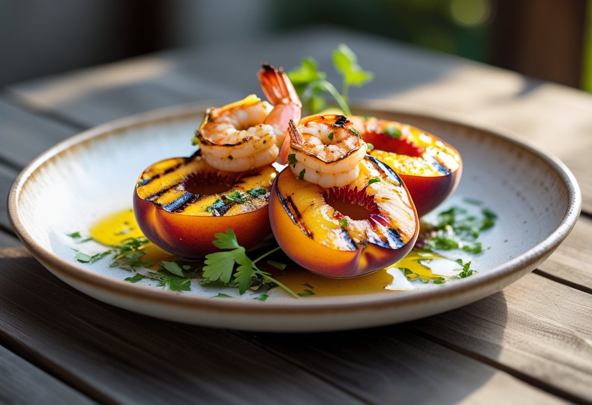 A plate with grilled peach halves and cooked shrimp garnished with fresh herbs on a wooden table.