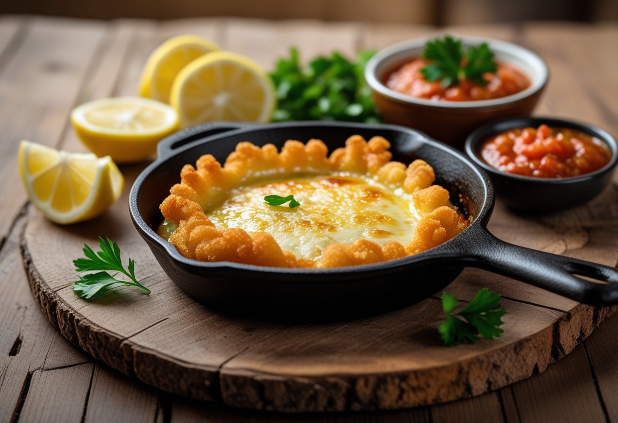 A small cast iron skillet with golden fried cheese served with lemon wedges and tomato sauce on a wooden table.