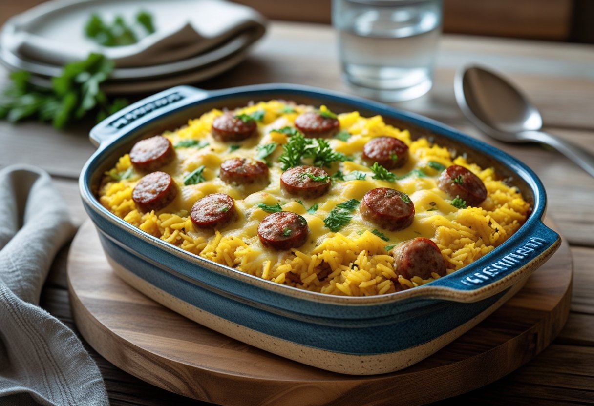 A casserole dish filled with sausage and yellow rice topped with melted cheese and herbs on a wooden table.