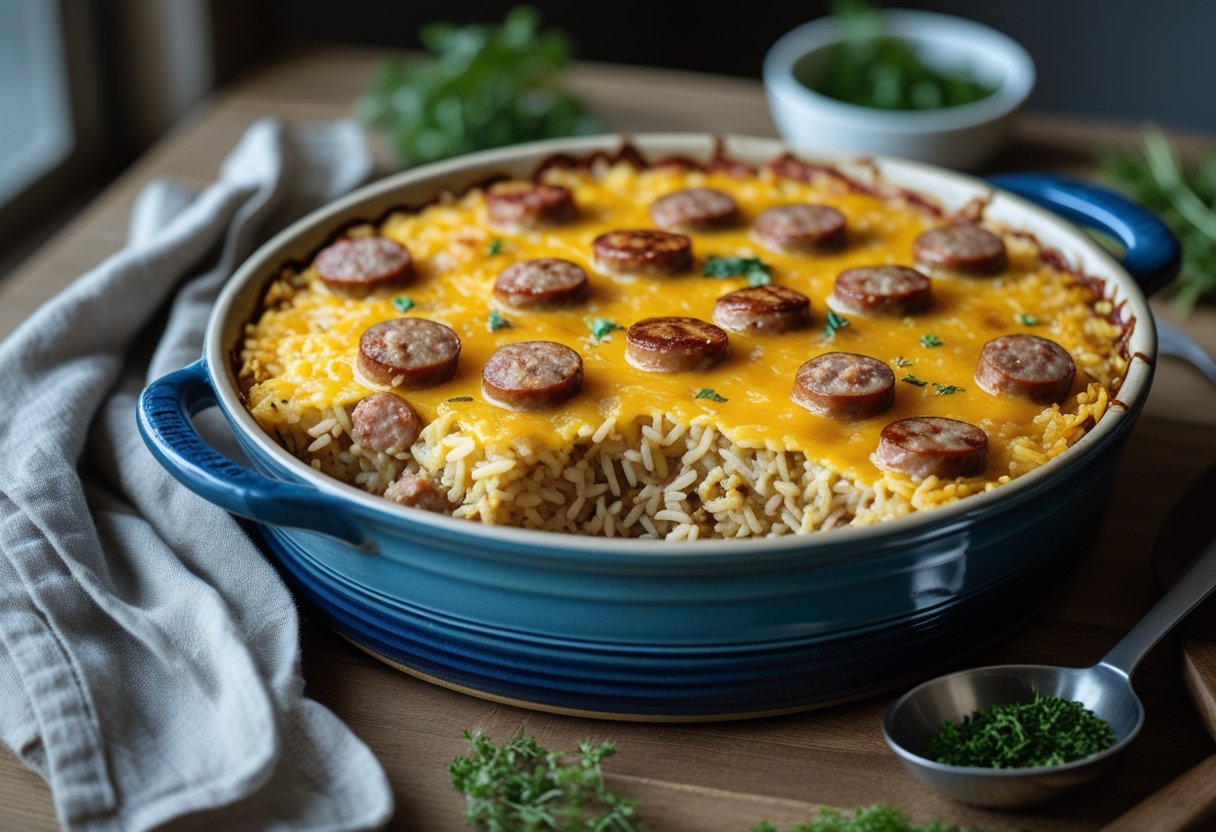 A baked sausage and rice casserole with melted cheese in a ceramic dish on a wooden table with kitchen essentials nearby.