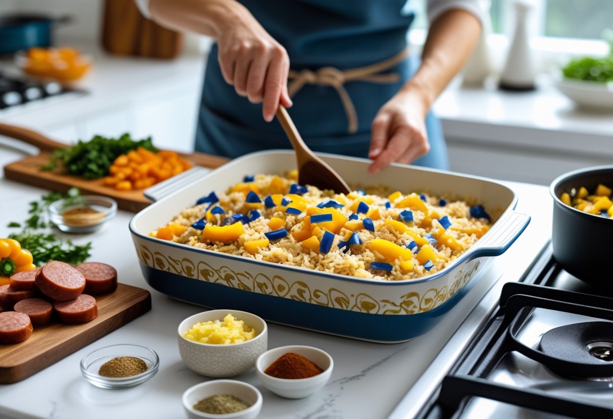 A kitchen countertop with ingredients and hands preparing a sausage and rice casserole in a baking dish.