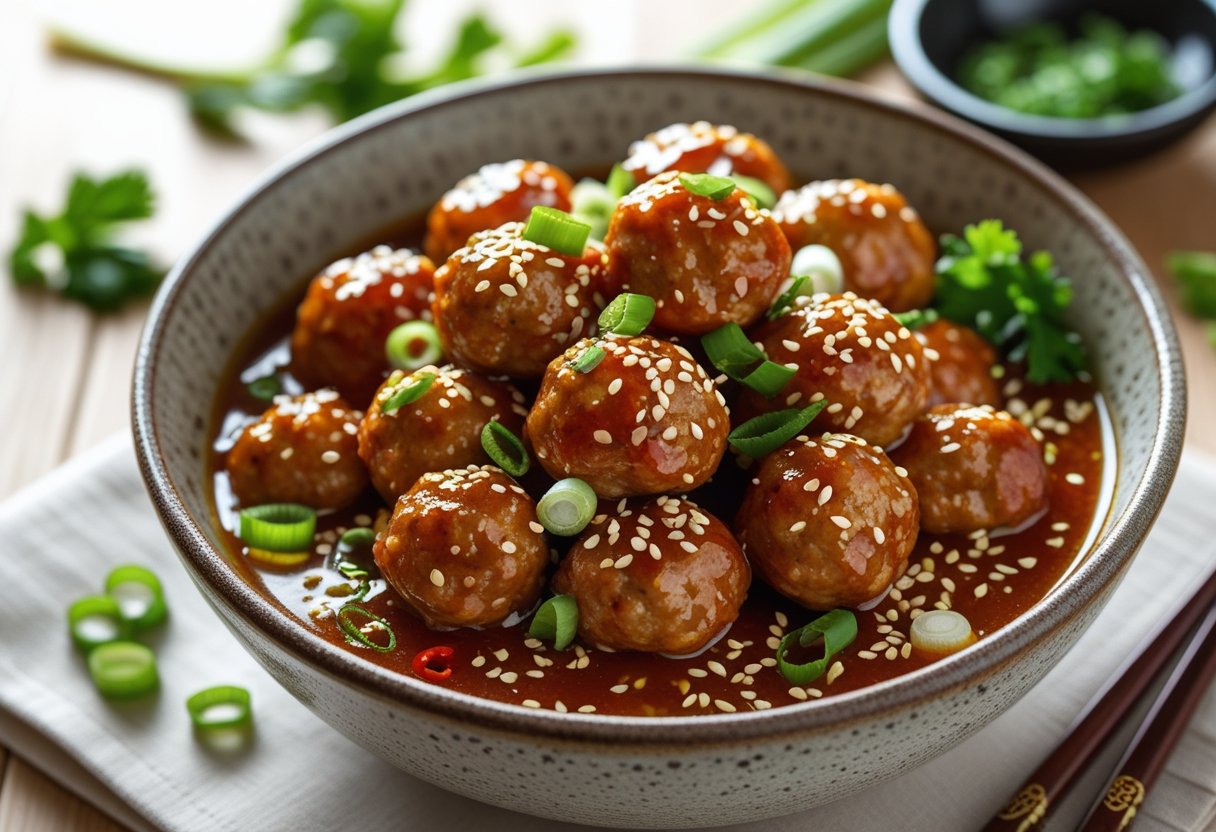 A bowl of glazed sweet and spicy chicken meatballs garnished with green onions, sesame seeds, and chili slices on a wooden table.