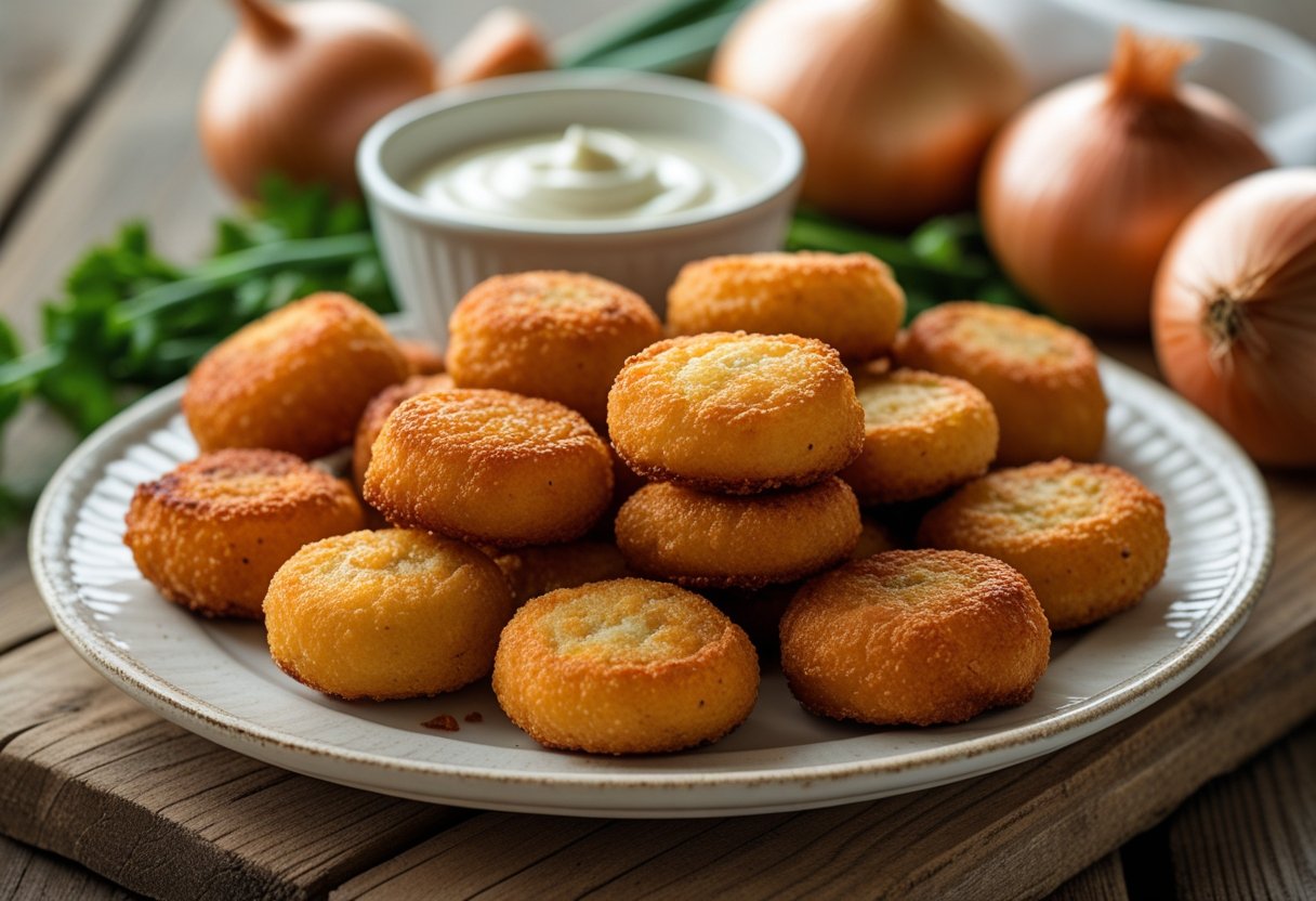 Plate of golden-brown onion bites on a wooden table with fresh onions and dipping sauce nearby.