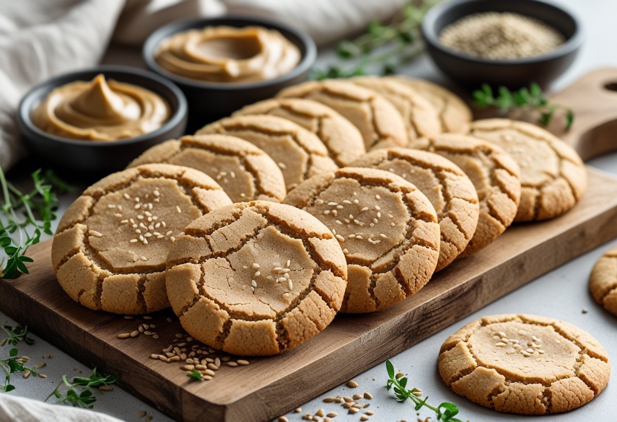 Freshly baked tahini cookies on a wooden board with bowls of tahini paste and sesame seeds nearby.