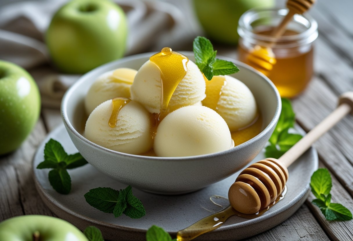 A bowl of apple and honey sorbet with apple slices, honey drizzle, fresh green apples, and a jar of honey on a wooden table.