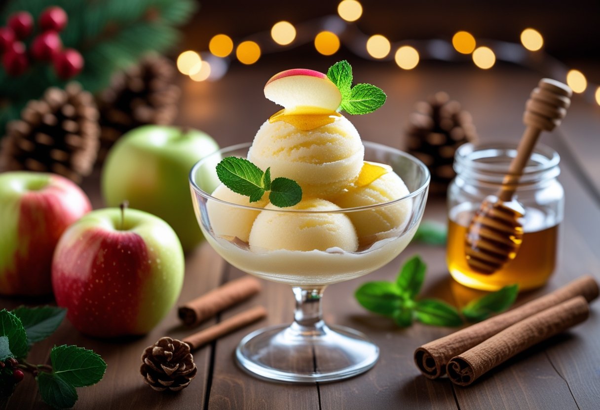 A glass bowl of apple and honey sorbet garnished with an apple slice and honey drizzle, surrounded by fresh apples, honey jar with dipper, and holiday decorations on a wooden table.
