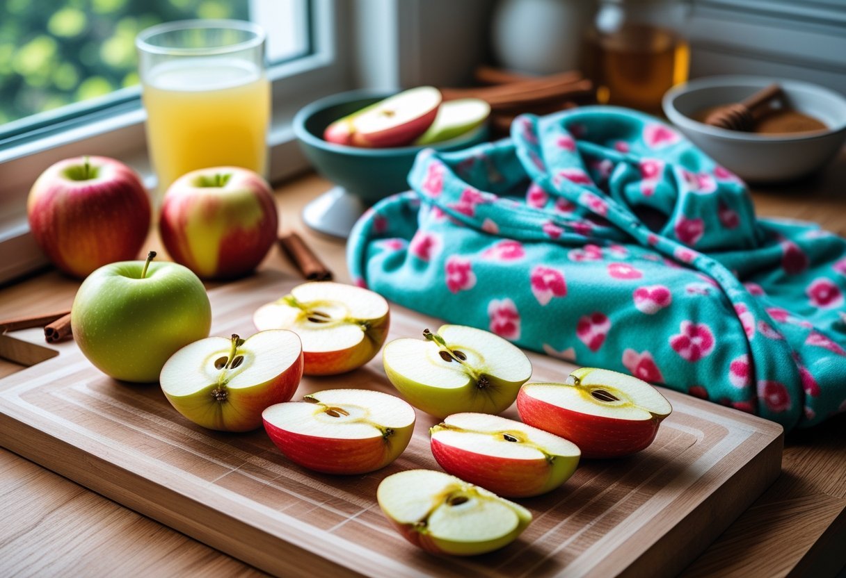 Sliced apples on a wooden board next to colorful pajamas in a bright kitchen setting.