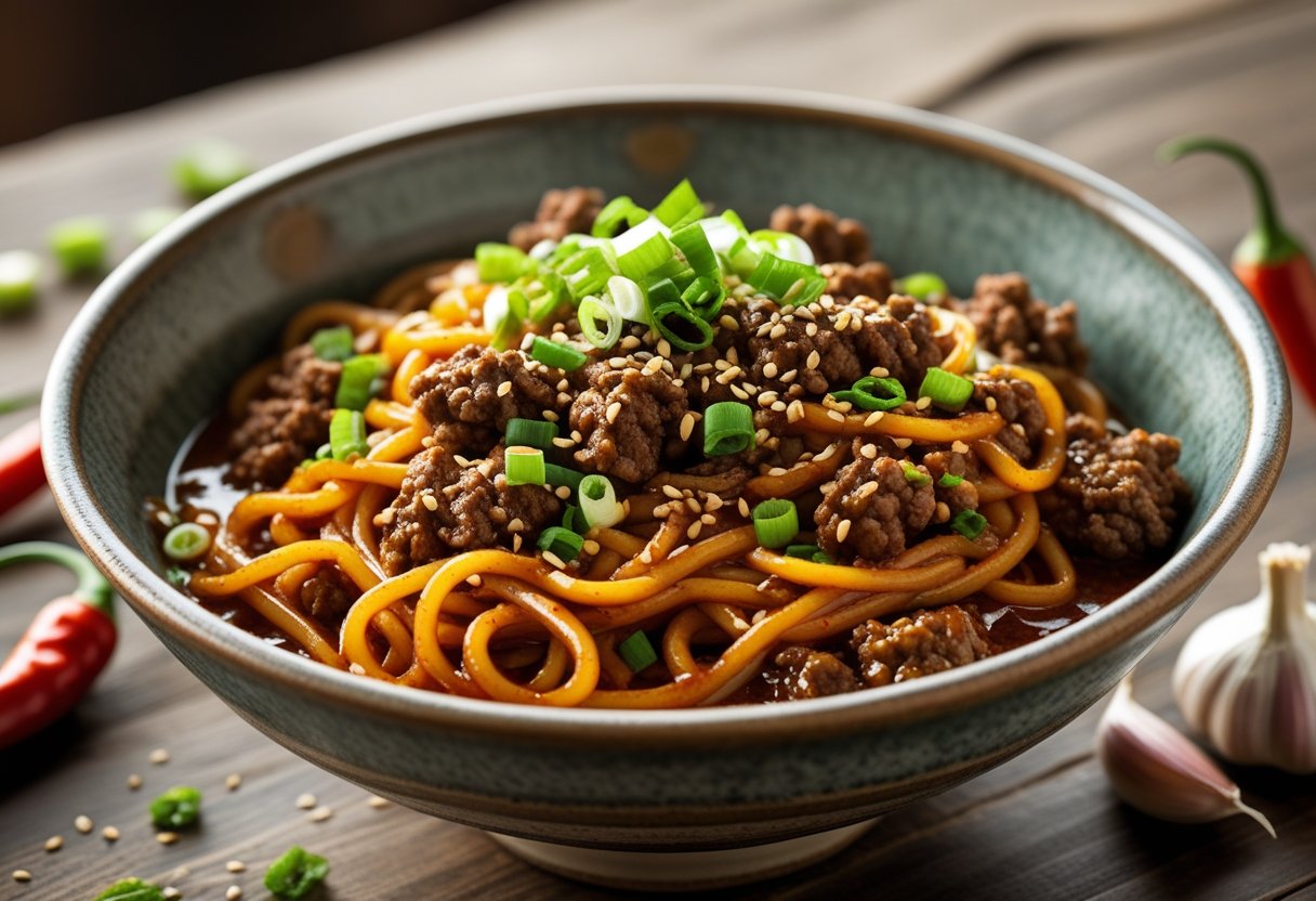 A bowl of chili garlic noodles with ground beef garnished with green onions and sesame seeds on a wooden table.