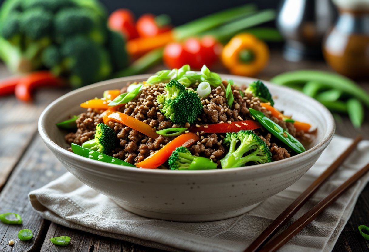 A bowl of ground beef stir-fry with vegetables on a wooden table, with chopsticks beside it.