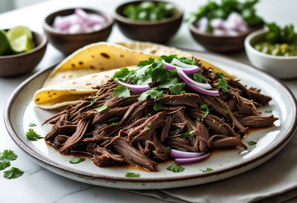 A plate of shredded beef barbacoa garnished with cilantro and onions, served with corn tortillas and small bowls of lime wedges and salsa on a kitchen table.