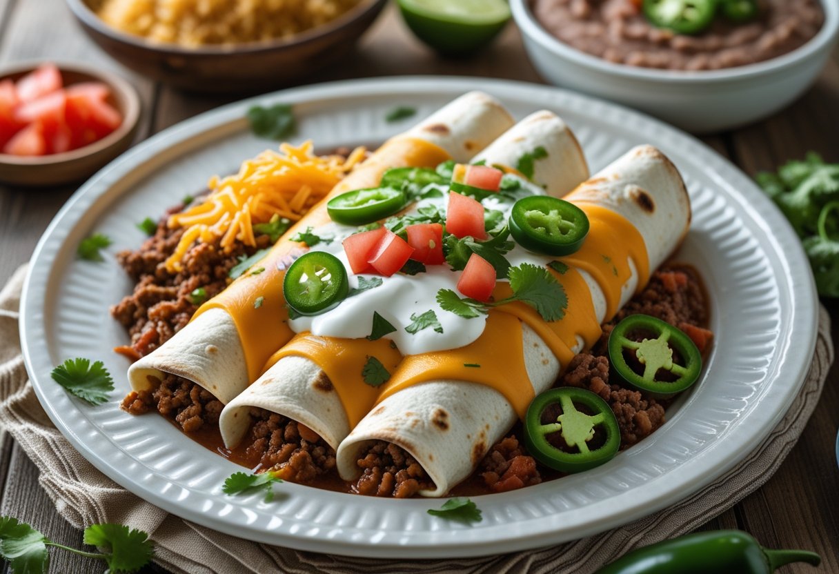 A plate of beef enchiladas topped with melted cheese, cilantro, jalapeños, and sour cream, served with Mexican rice and refried beans on a wooden table.