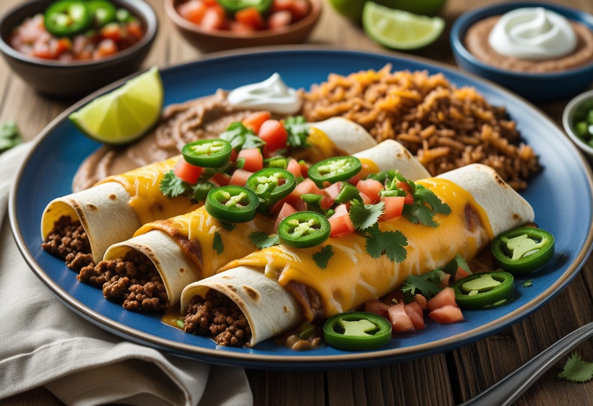 A plate of beef enchiladas topped with melted cheese and fresh garnishes, served with rice and beans on a wooden table.
