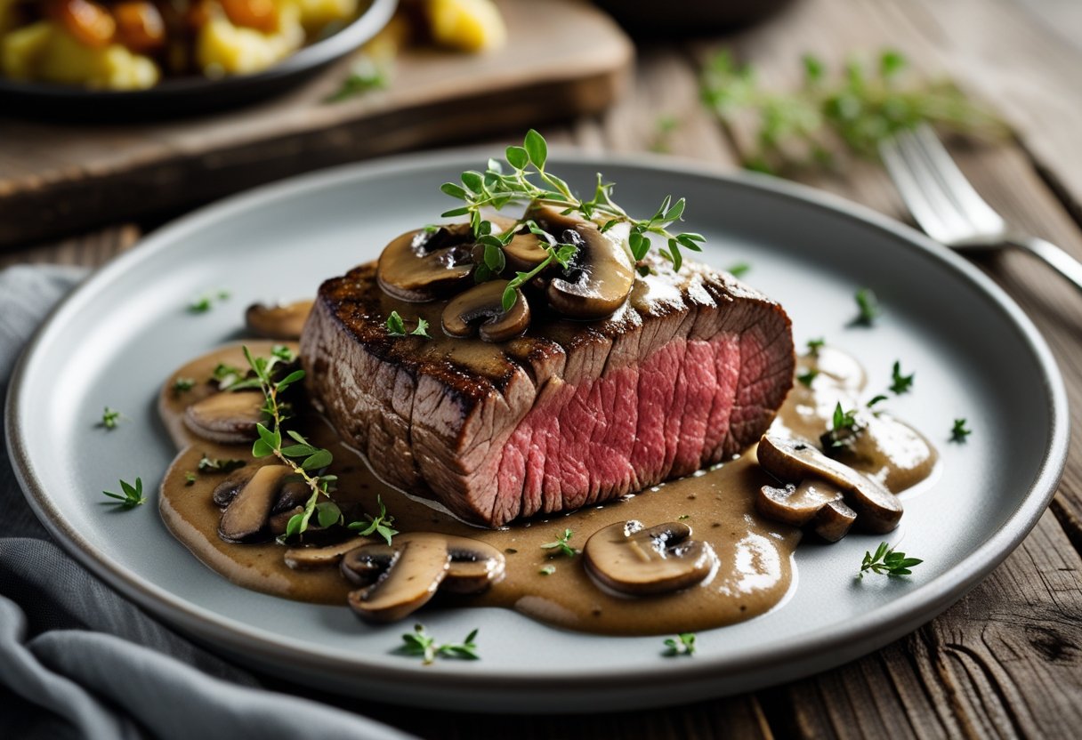 A plated beef tenderloin with mushroom sauce garnished with fresh herbs on a wooden table.