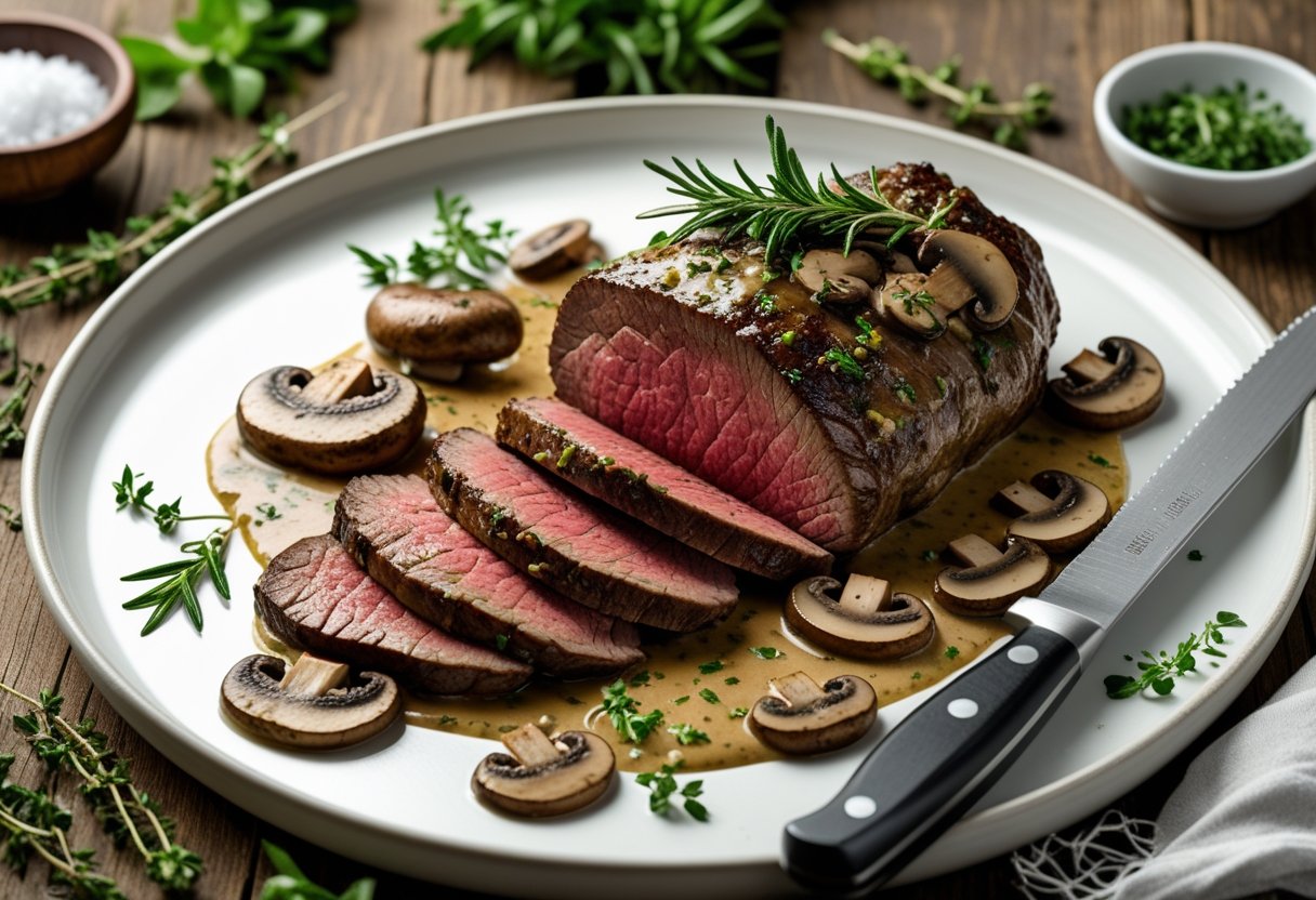 A sliced beef tenderloin with mushroom sauce on a white plate, garnished with herbs, on a wooden table.