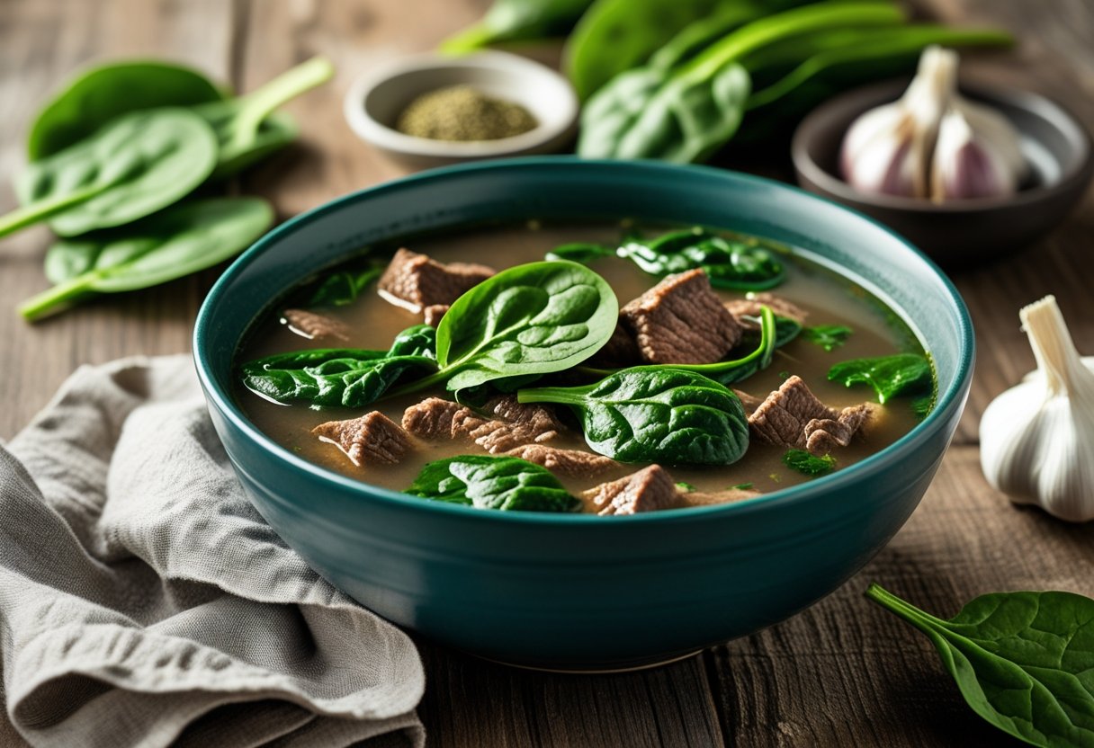 A bowl of spinach beef soup with beef chunks and fresh spinach on a wooden table surrounded by fresh ingredients.