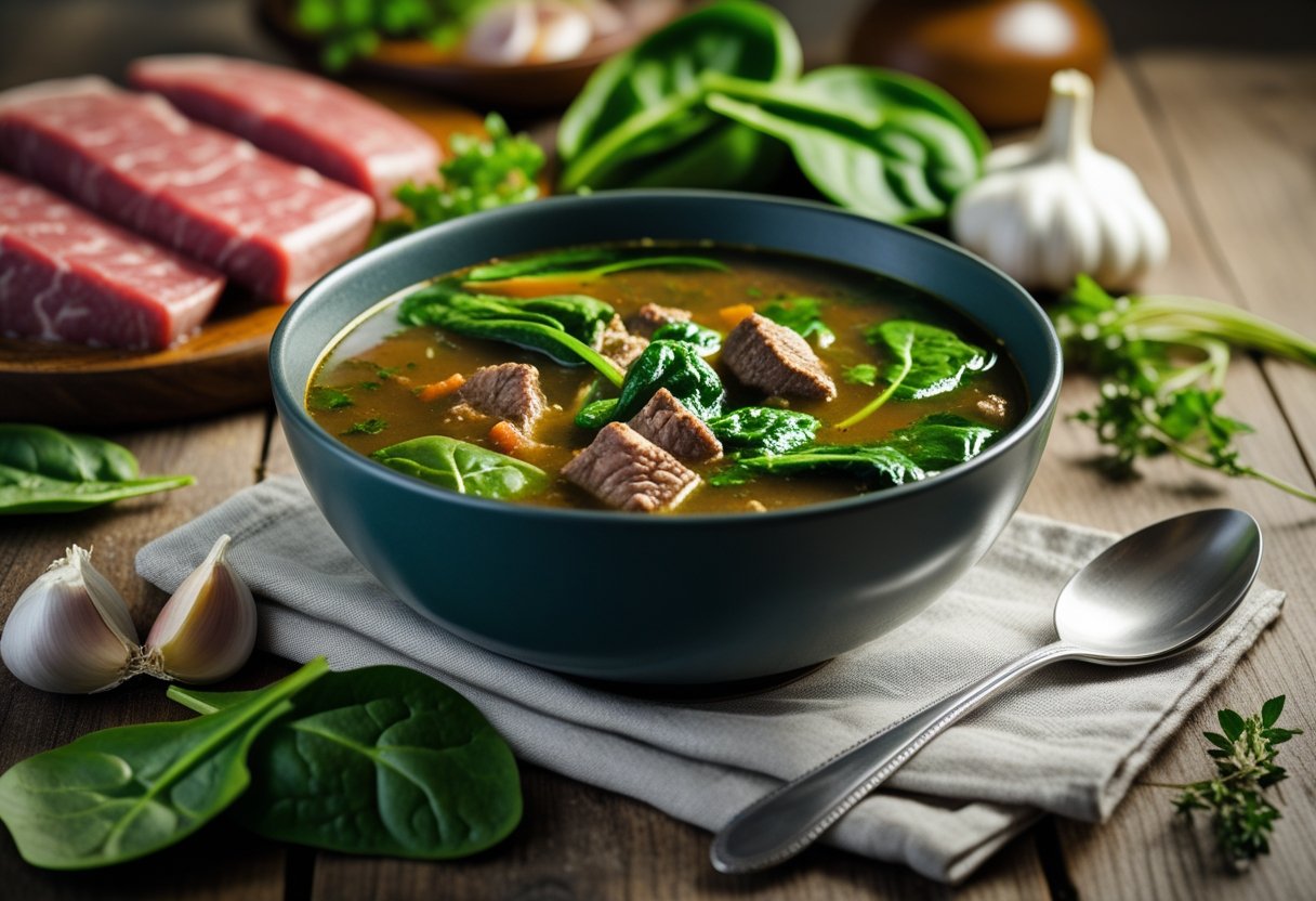 A bowl of spinach beef soup with fresh ingredients on a wooden table.