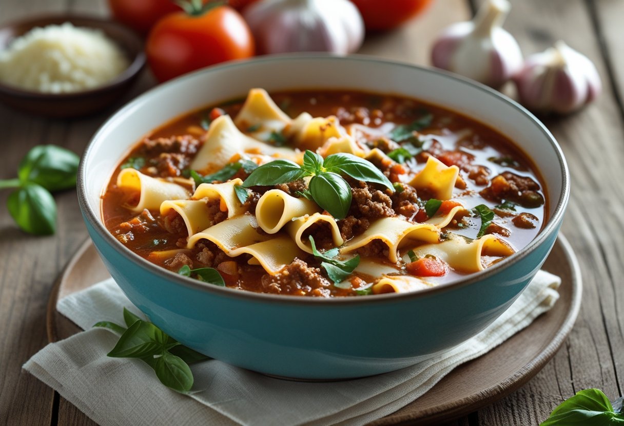 A bowl of lasagna soup with melted cheese, noodles, and herbs on a wooden table surrounded by fresh ingredients.
