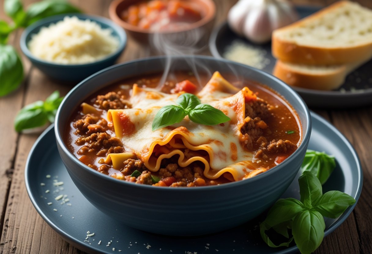 A bowl of lasagna soup with melted cheese on top, surrounded by fresh basil, grated cheese, garlic, and garlic bread on a wooden table.