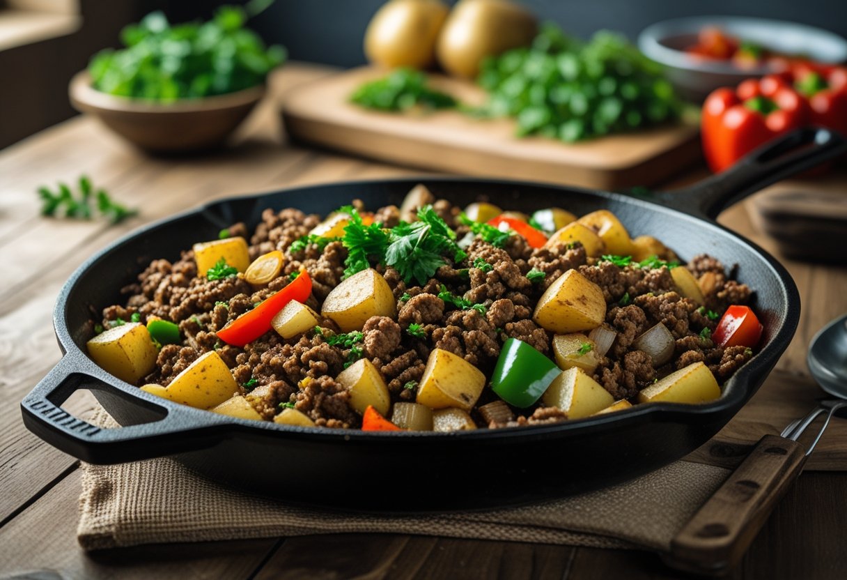 A cast iron skillet filled with cooked ground beef, diced vegetables, and potatoes on a wooden table with fresh herbs sprinkled on top.