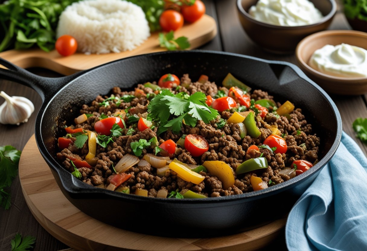 A cast iron skillet filled with cooked ground beef and vegetables on a wooden table, surrounded by bowls of rice, sour cream, and a fresh salad.