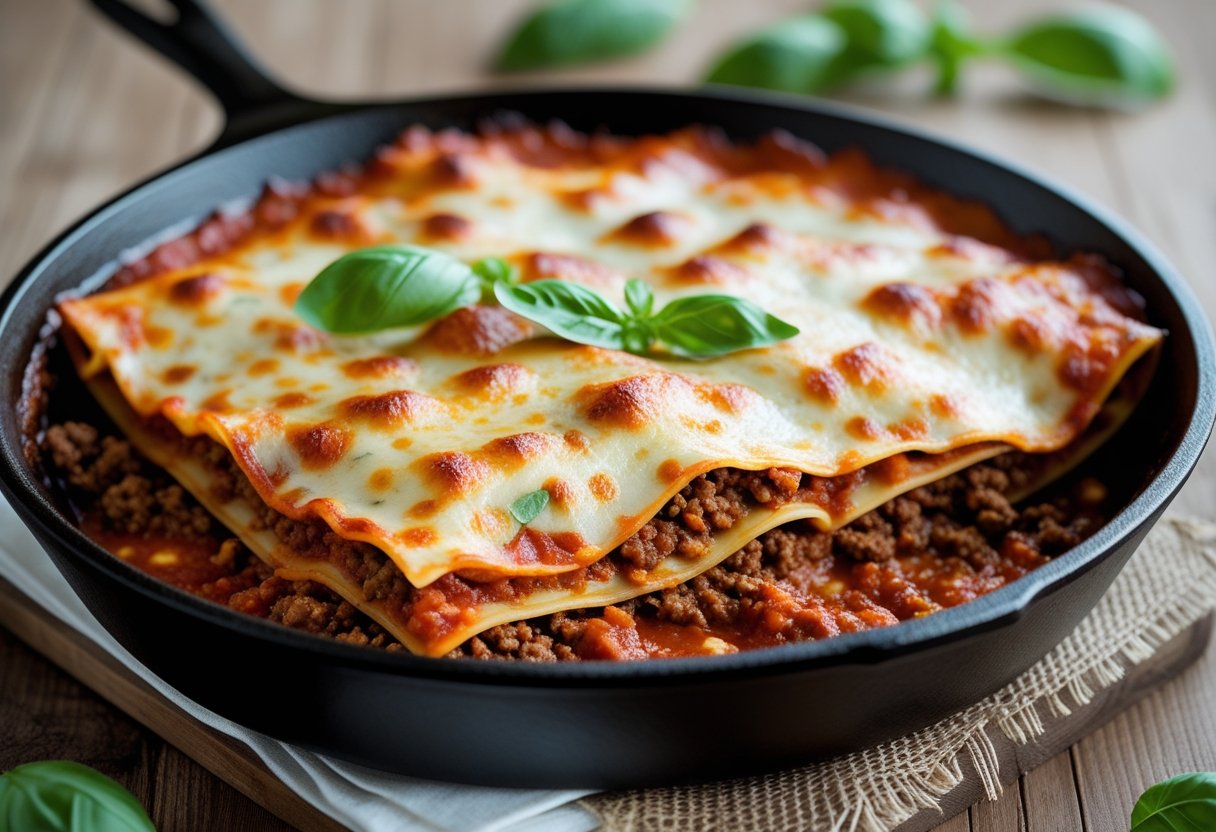A skillet filled with freshly cooked lasagna topped with melted cheese and garnished with basil leaves on a wooden table.