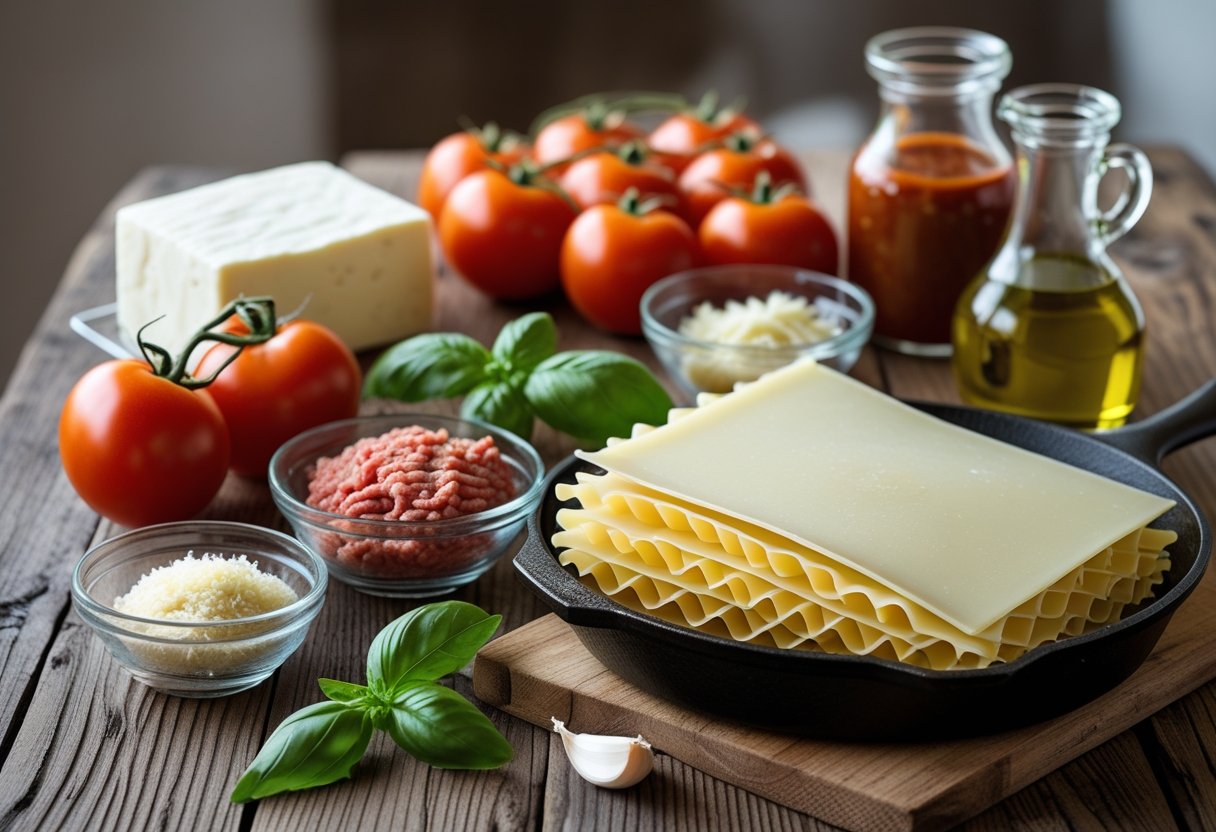 A variety of fresh ingredients for making one-skillet lasagna arranged on a wooden table including tomatoes, cheese, basil, garlic, ground beef, lasagna noodles, tomato sauce, and olive oil.