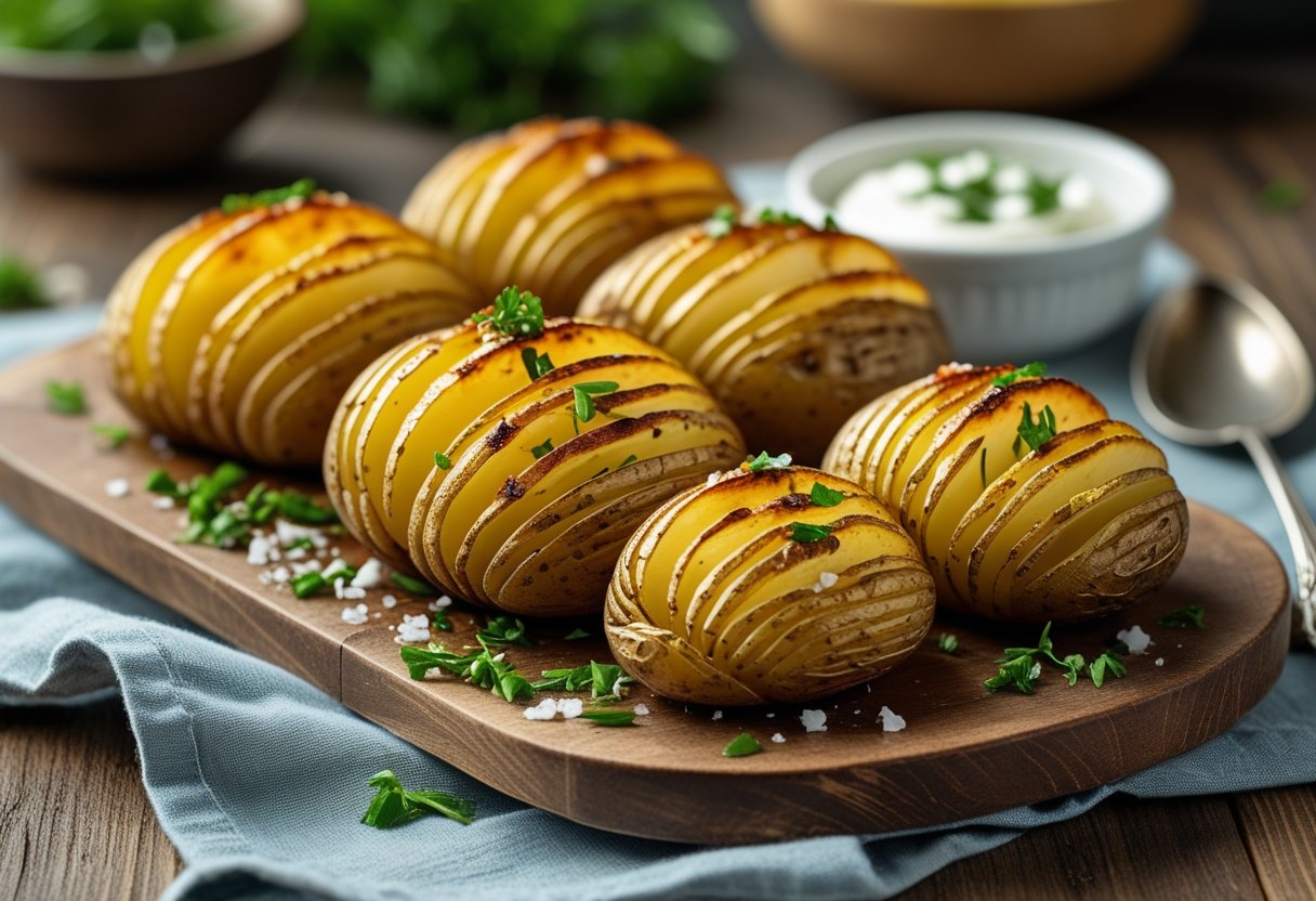 Close-up of golden Hasselback potatoes garnished with herbs on a wooden board with a bowl of sauce nearby.