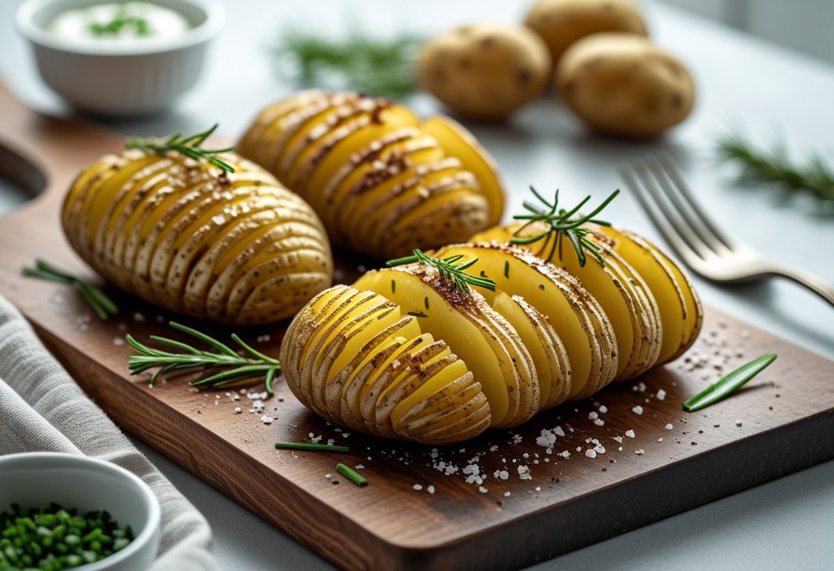 Close-up of perfectly cooked Hasselback potatoes garnished with rosemary and seasonings on a wooden cutting board with a bowl of sour cream in the background.