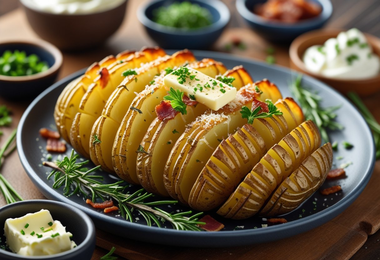A plate of golden Hasselback potatoes garnished with herbs and cheese, surrounded by small bowls of toppings like sour cream, chives, and bacon bits.