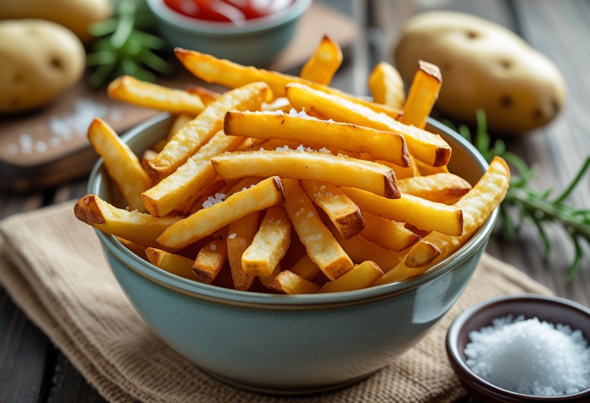 A bowl of golden crispy French fries with a small dish of ketchup on a wooden table.