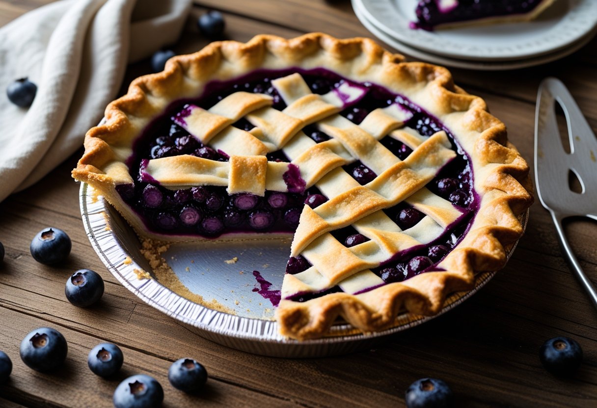A freshly baked huckleberry pie with a golden crust on a wooden table, surrounded by fresh huckleberries and a slice served on a plate.