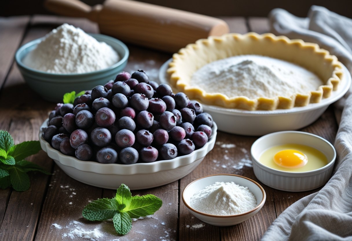 A wooden table with fresh huckleberries, sugar, butter, flour, an egg, mint leaves, and a pie crust in a dish ready for baking.
