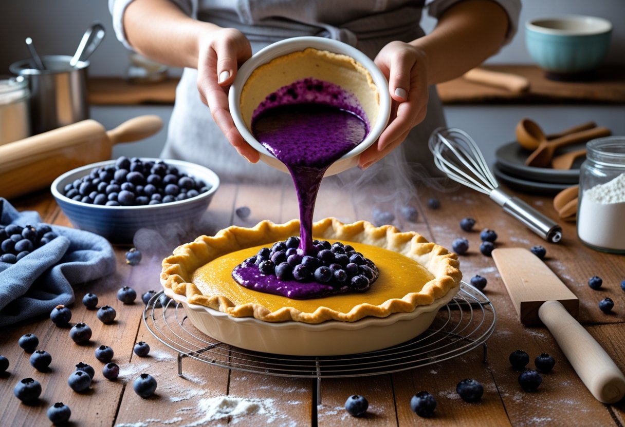 Hands pouring huckleberry pie filling into a pie crust on a wooden countertop with fresh huckleberries and baking tools nearby.