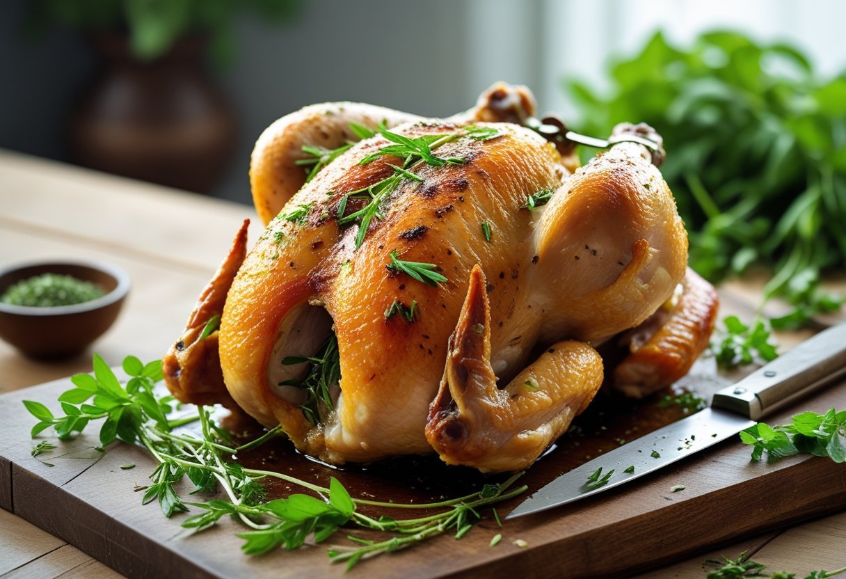 A golden brown spatchcocked chicken garnished with fresh tarragon on a wooden cutting board in a kitchen setting.