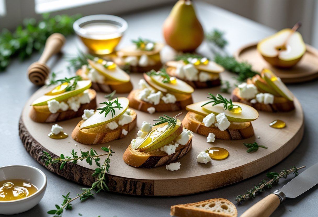 Close-up of Idaho pear crostini on a wooden board with toasted bread, sliced pears, goat cheese, herbs, and honey drizzle.