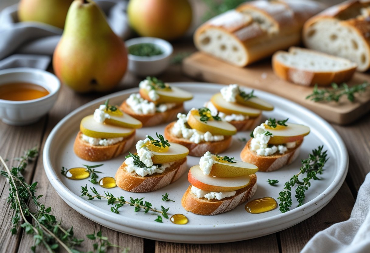A wooden table with a platter of Idaho pear crostini topped with sliced pears, goat cheese, herbs, and honey, surrounded by whole pears, honey, herbs, and bread.