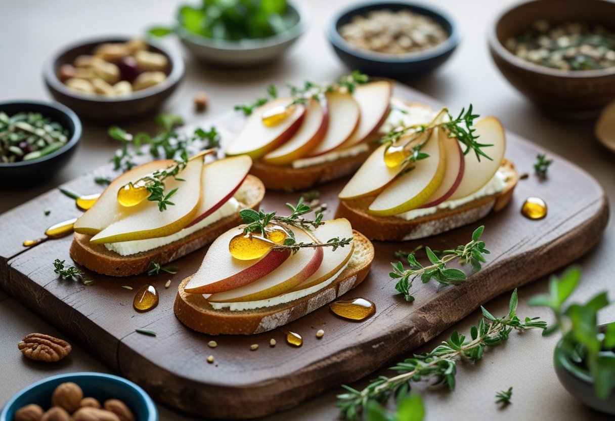A wooden board with Idaho pear crostini topped with cheese and herbs, surrounded by small bowls of nuts, seeds, and greens.