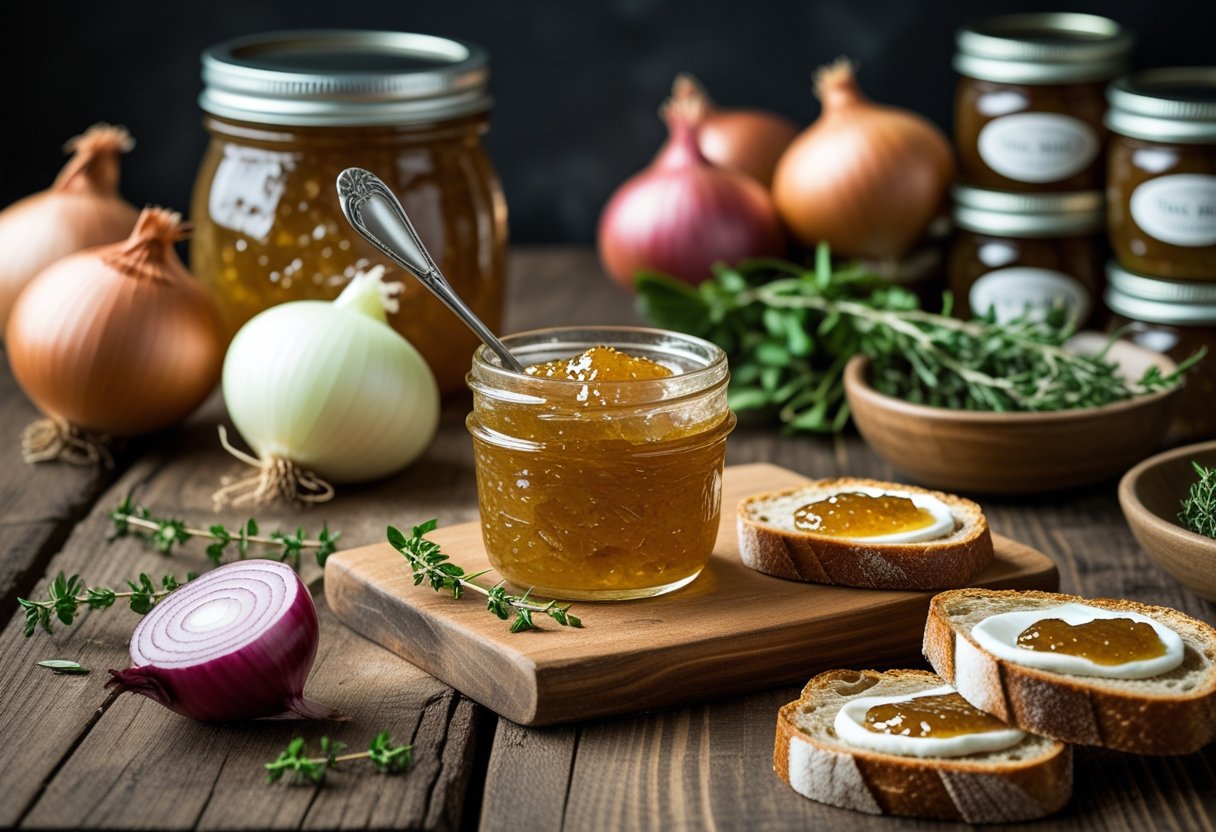 A jar of onion jam on a wooden table surrounded by fresh onions, sliced bread with jam, and sealed jars for storage.