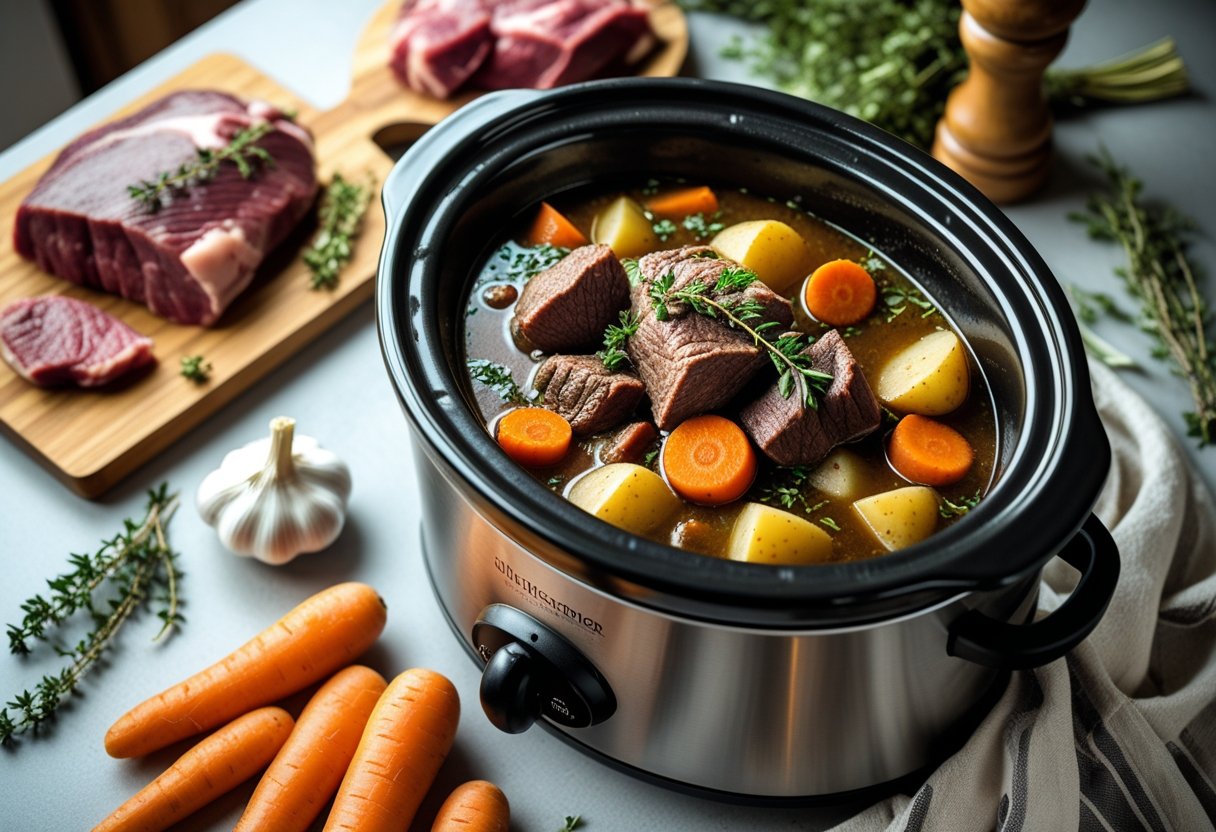 Slow cooker filled with venison stew surrounded by fresh ingredients on a kitchen countertop.