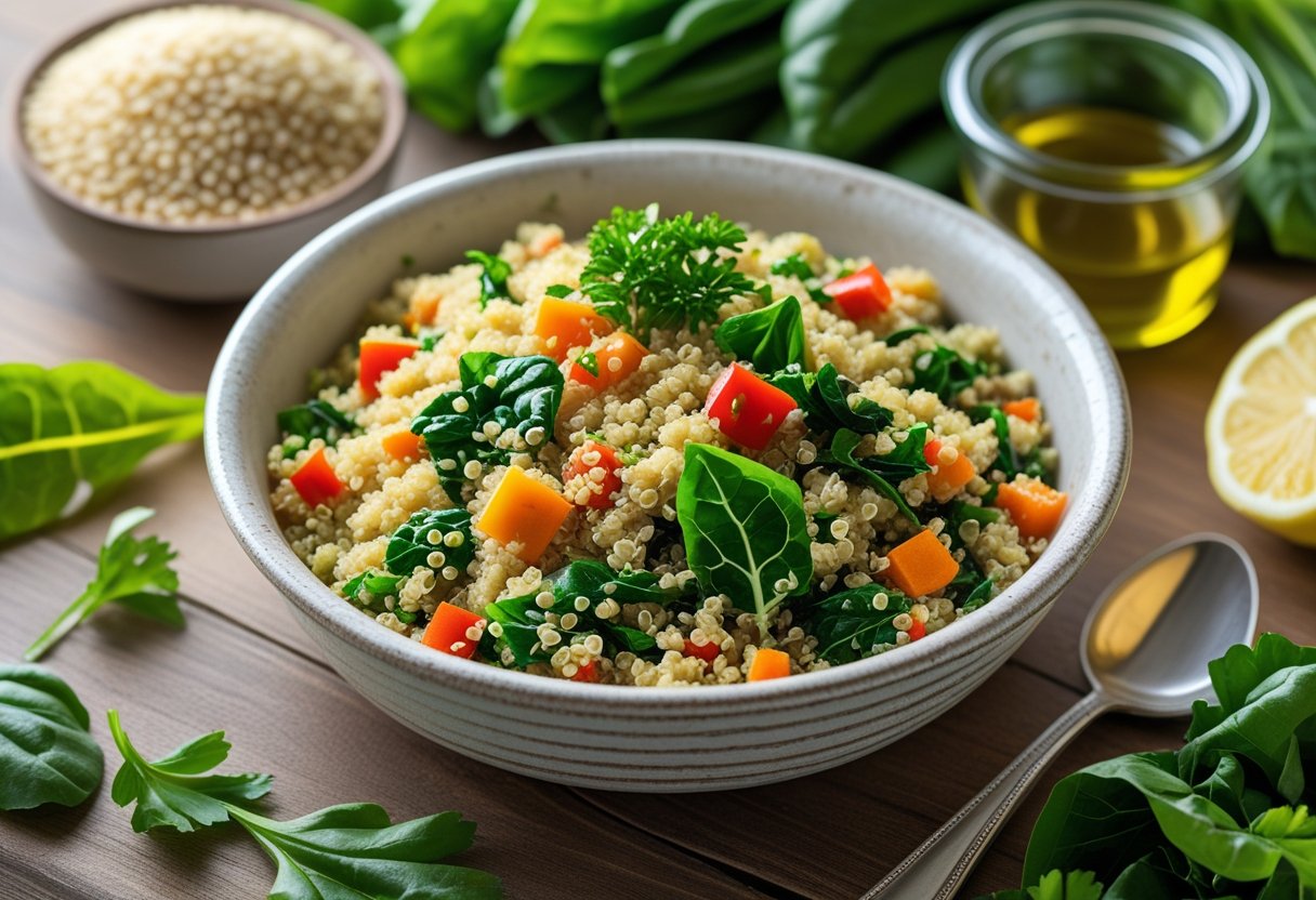 A bowl of quinoa chard pilaf with colorful vegetables and fresh herbs on a wooden table surrounded by fresh ingredients.