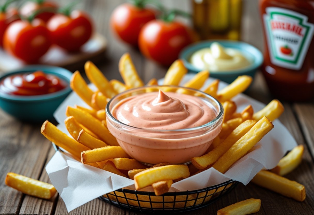 A bowl of Idaho Fry Sauce with crispy French fries on a wooden table, surrounded by fresh ingredients.