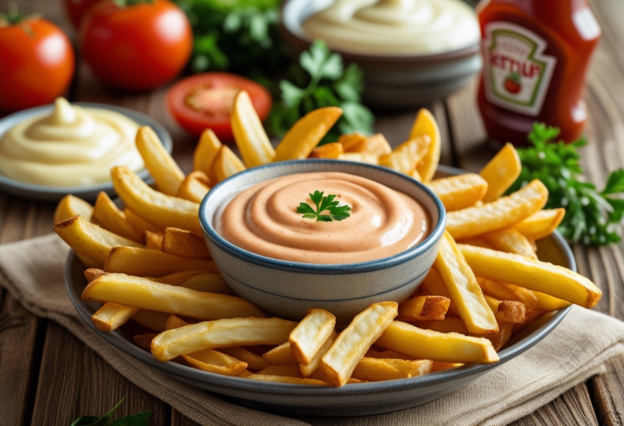 A bowl of Idaho Fry Sauce with golden French fries on a wooden table, surrounded by fresh ingredients like tomatoes and herbs.