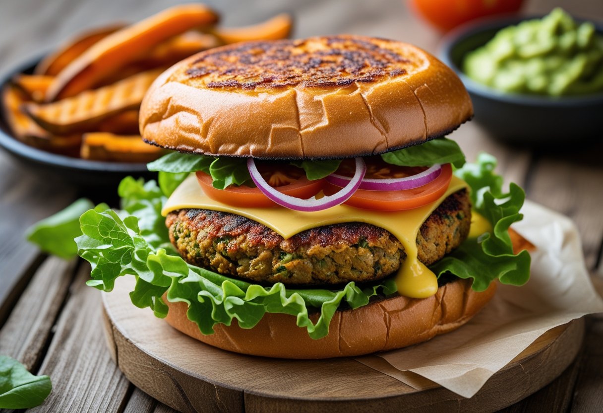 A vegan smash burger with a plant-based patty, lettuce, tomato, red onion, and vegan cheese on a toasted bun, served with sweet potato fries and guacamole on a wooden table.