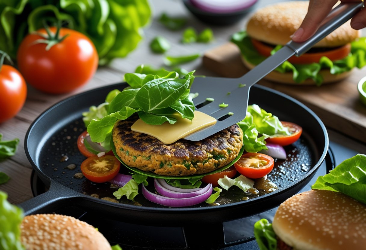 Close-up of a vegan smash burger with plant-based patty being cooked on a griddle, surrounded by fresh vegetables and buns.