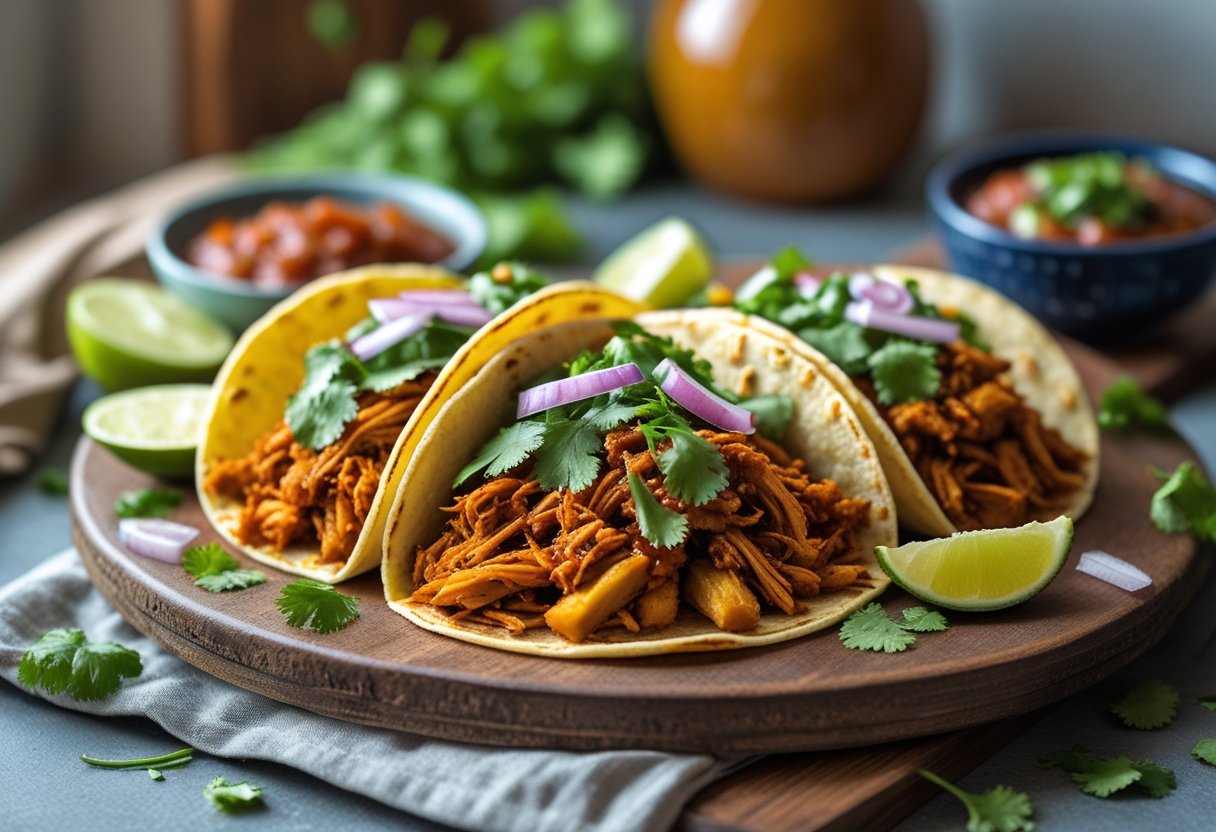 Plate of pulled jackfruit tacos with garnishes on a wooden board, lime wedges, and salsa in a kitchen setting.