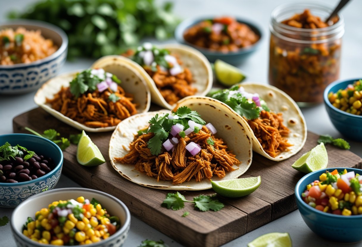 A serving board with pulled jackfruit tacos, bowls of side dishes, and a jar of pulled jackfruit for storage.