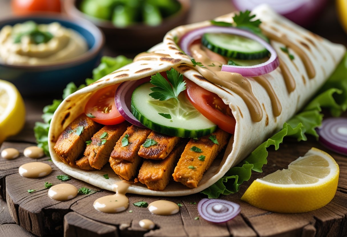 A seitan shawarma wrap filled with seasoned seitan strips, fresh vegetables, and sauce on a wooden surface with small bowls of condiments nearby.