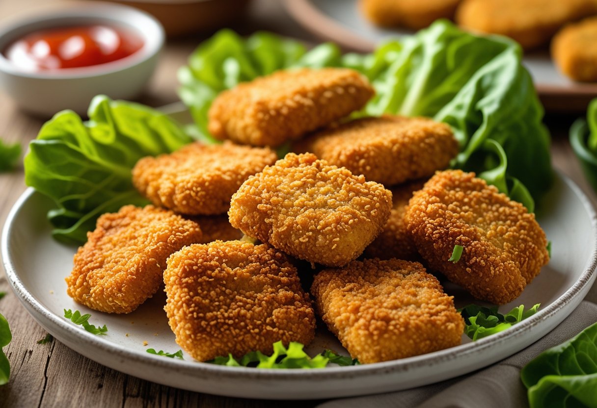 A plate of crispy soy 'chicken' nuggets with lettuce and a small bowl of red dipping sauce on a wooden table.