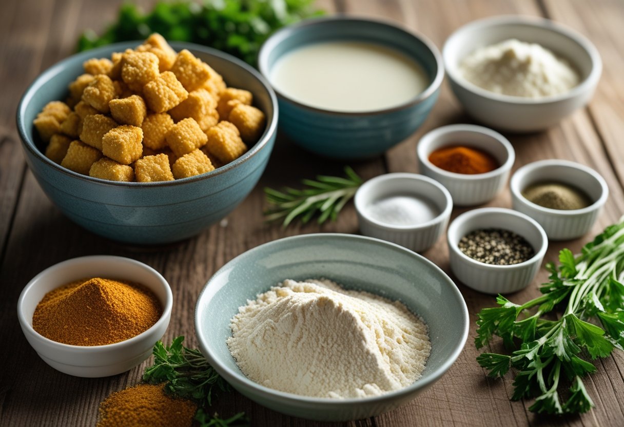 A wooden table with bowls of soy protein chunks, breadcrumbs, plant-based milk, flour, and spices arranged along with fresh herbs.