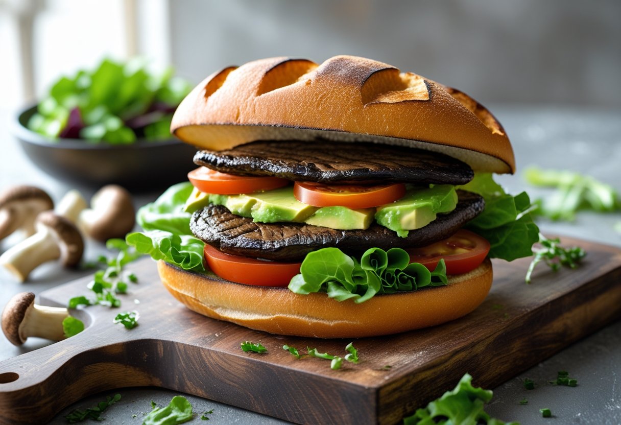 A grilled oyster mushroom steak sandwich with lettuce, tomato, and avocado on a toasted ciabatta bun on a wooden cutting board, with a bowl of mixed greens and oyster mushrooms nearby.